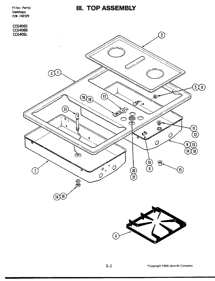 TOP ASSEMBLY (CCG406S) Diagram and Parts List for CCG406S  Jenn-Air Cooktop