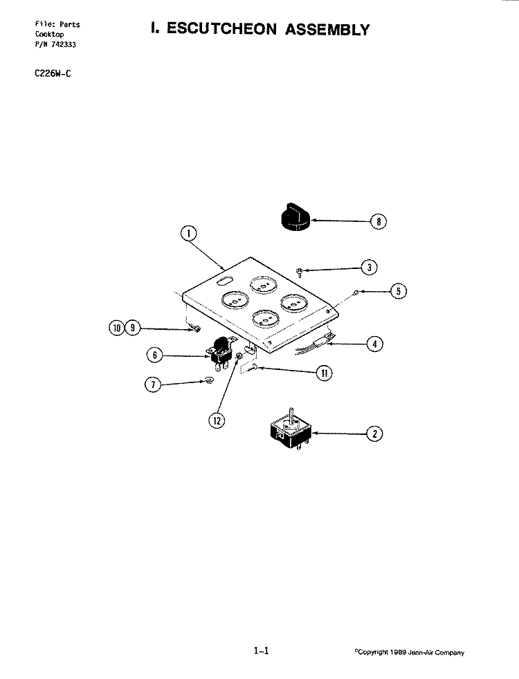 ESCUTCHEON Diagram and Parts List for C226W-C  Jenn-Air Cooktop