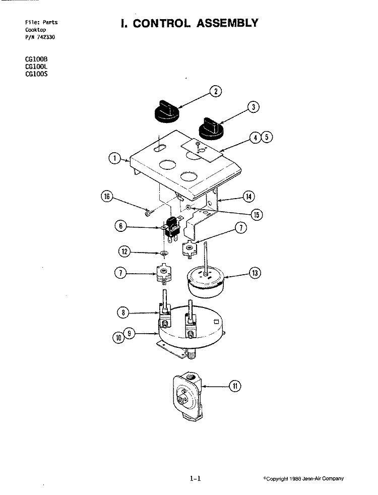 CONTROL ASSEMBLY Diagram and Parts List for CG100B  Jenn-Air Cooktop