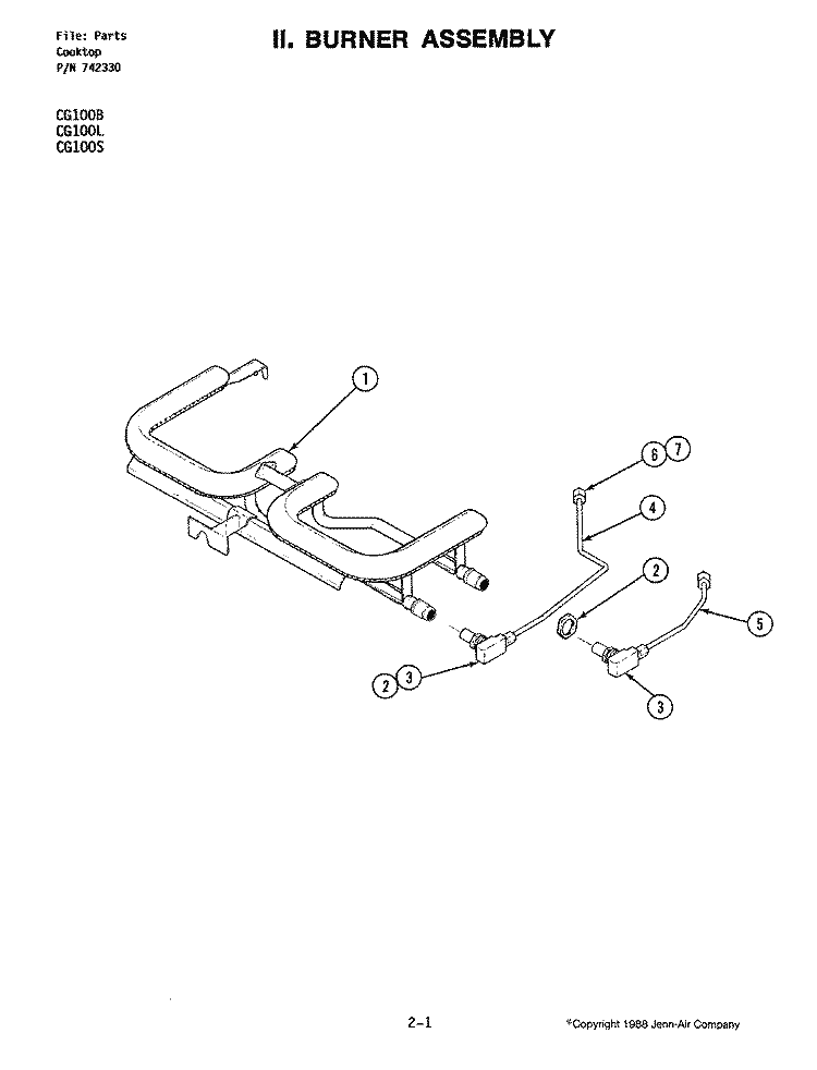 BURNER ASSEMBLY Diagram and Parts List for CG100B  Jenn-Air Cooktop