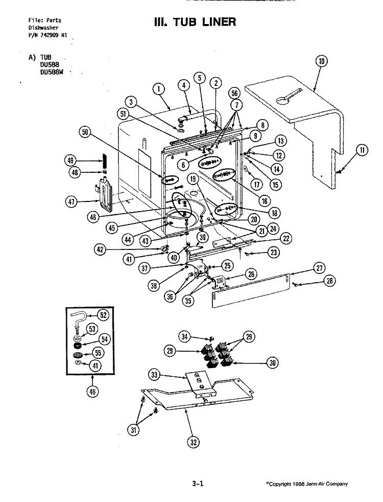 TUB ASSEMBLY Diagram and Parts List for DU588  Jenn-Air Dishwasher
