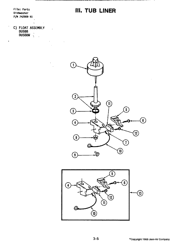 FLOAT ASSEMBLY Diagram and Parts List for DU588  Jenn-Air Dishwasher