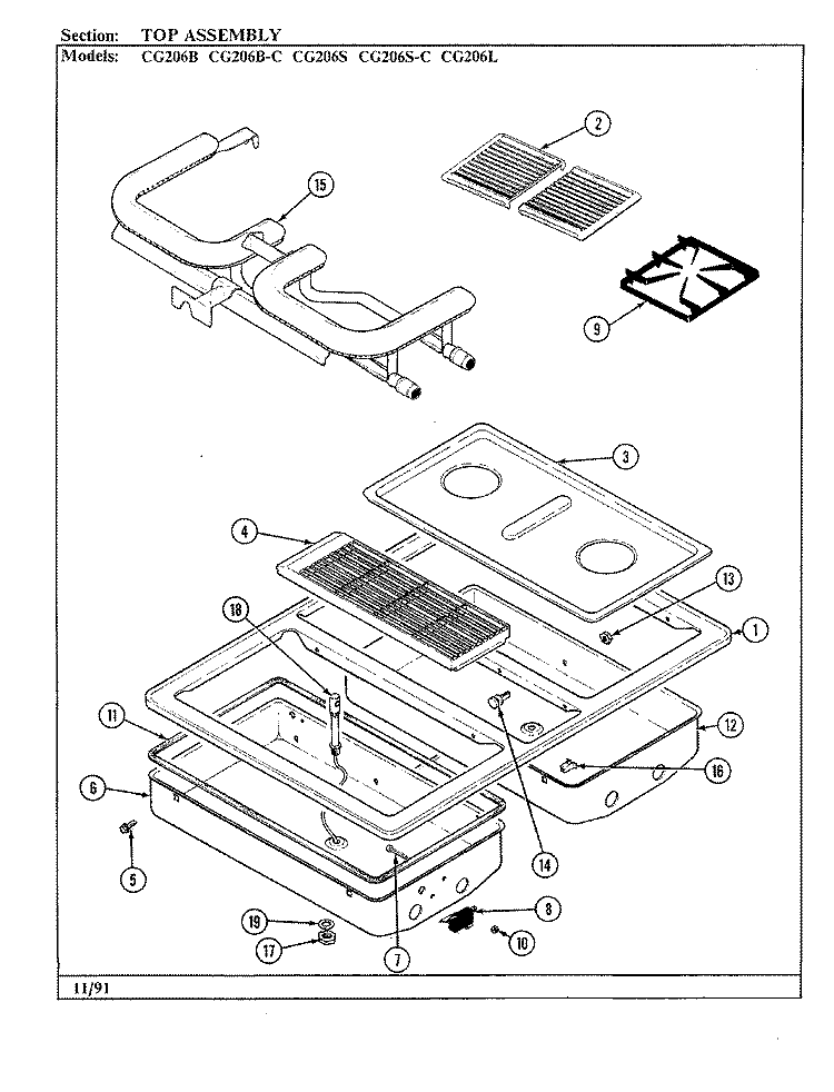 TOP ASSEMBLY Diagram and Parts List for CG206L  Jenn-Air Cooktop