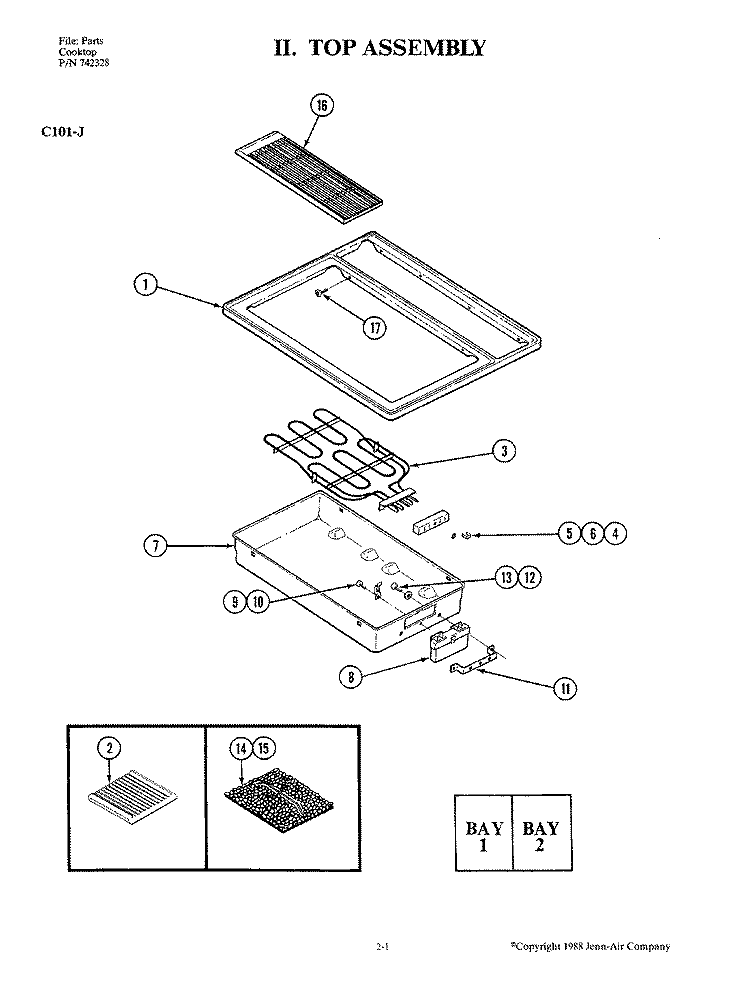 TOP ASSEMBLY Diagram and Parts List for C101-J  Jenn-Air Cooktop