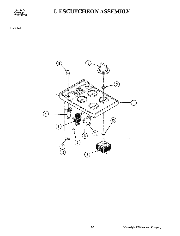 ESCUTCHEON ASSEMBLY Diagram and Parts List for C221-J  Jenn-Air Cooktop
