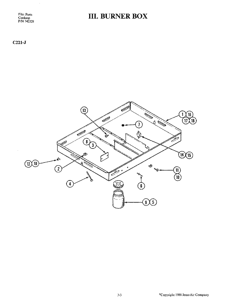 BURNER BOX Diagram and Parts List for C221-J  Jenn-Air Cooktop