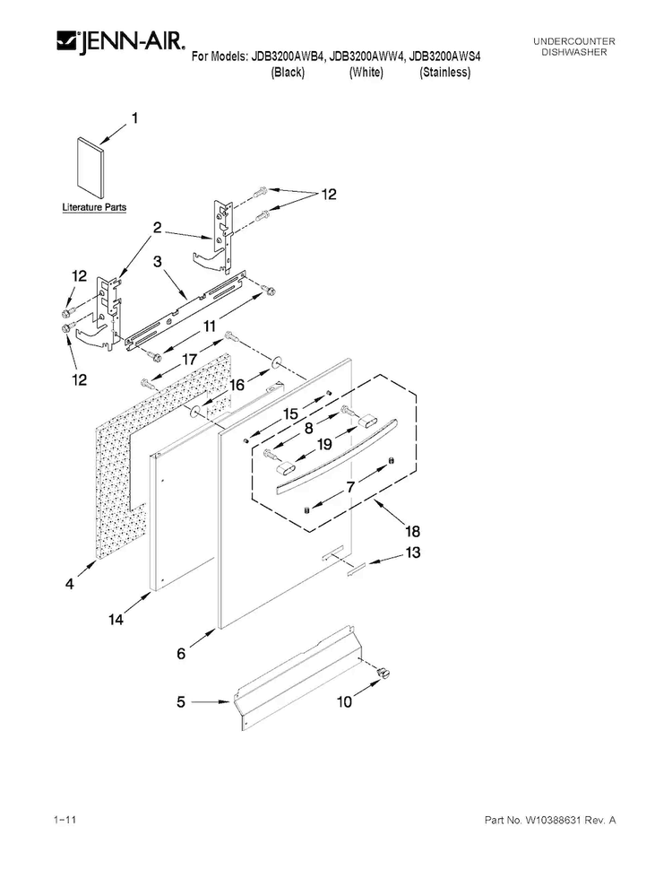 Door And Panel Parts Diagram and Parts List for JDB3200AWS4  Jenn-Air Dishwasher