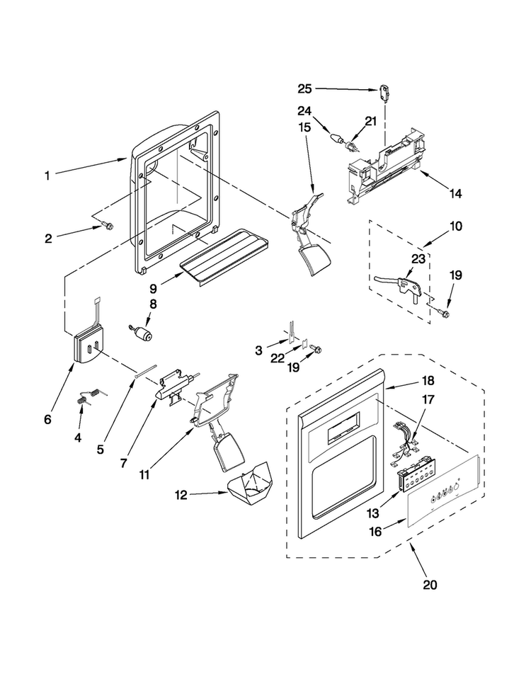 Dispenser Front Parts Diagram and Parts List for MSD2242VES03  Maytag Refrigerator