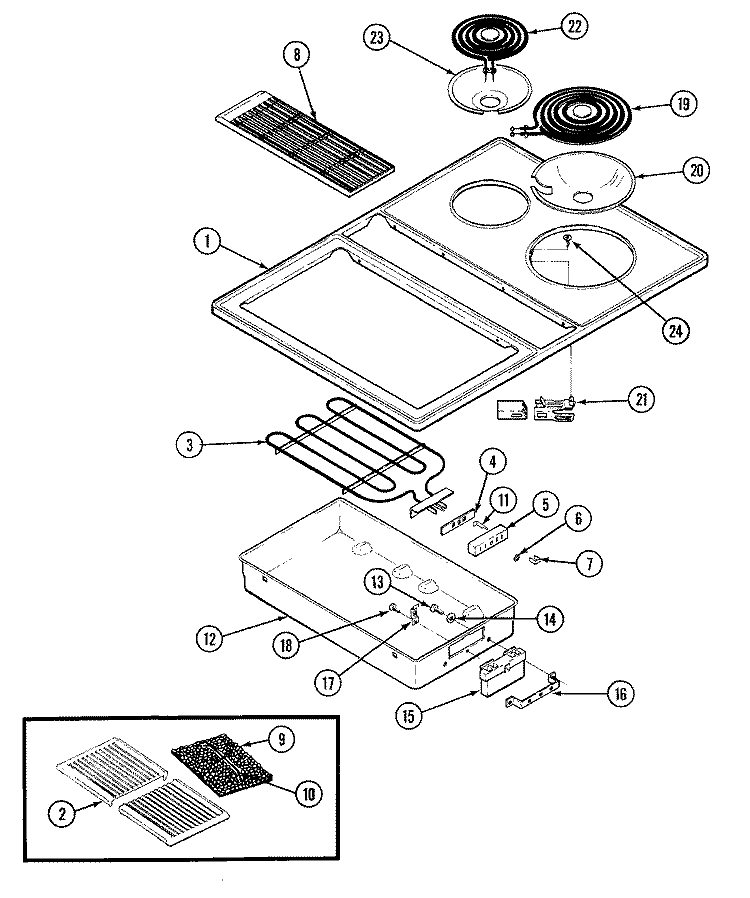 TOP ASSEMBLY Diagram and Parts List for 22305  Jenn-Air Cooktop