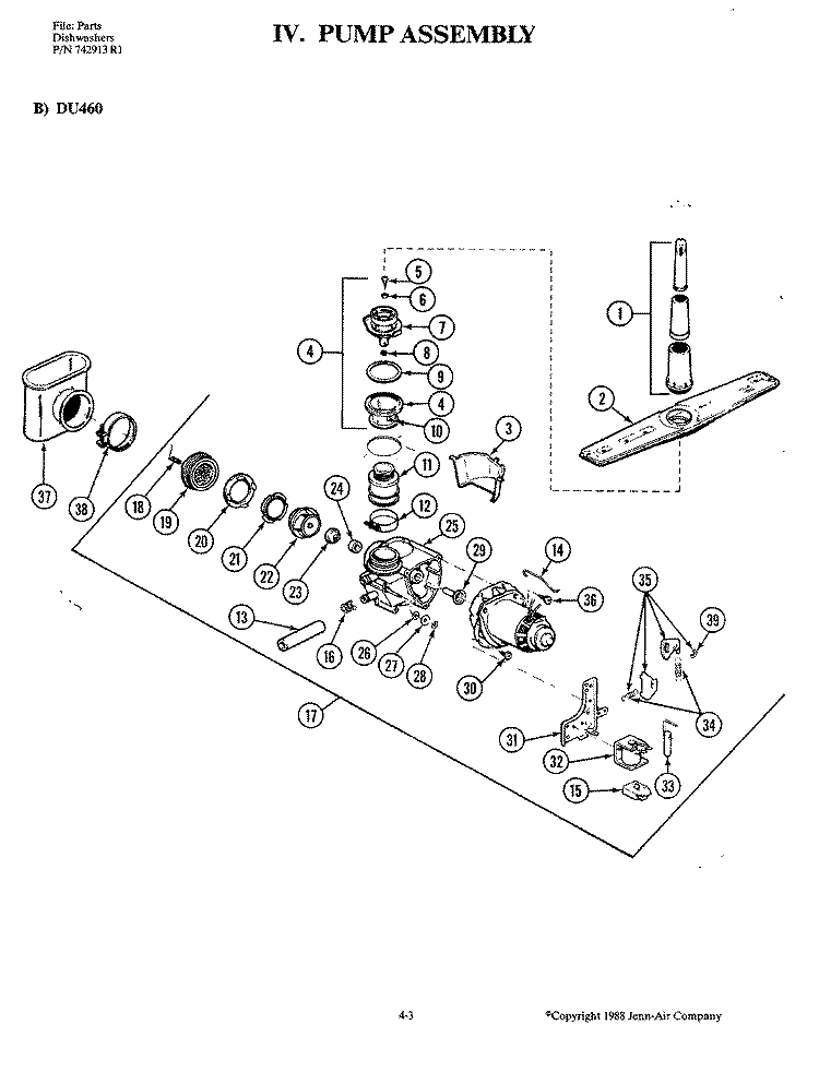 PUMP ASSEMBLY Diagram and Parts List for DU460  Jenn-Air Dishwasher