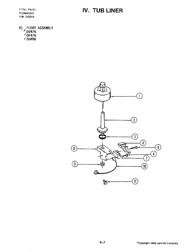 TUB ASSEMBLY Diagram and Parts List for DU476  Jenn-Air Dishwasher
