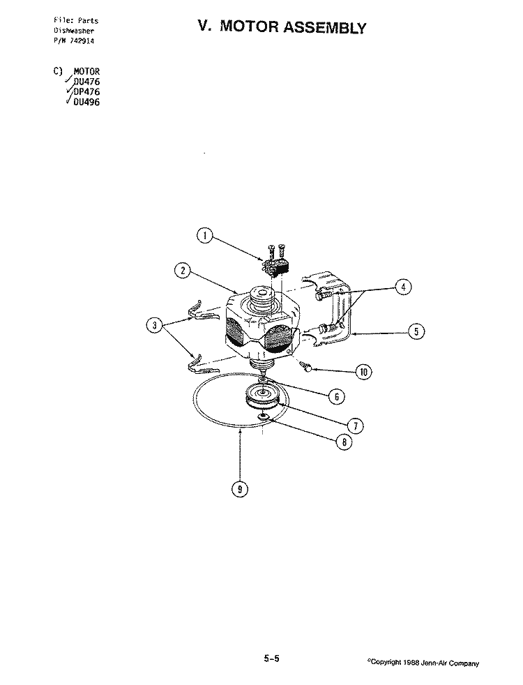 MOTOR ASSEMBLY Diagram and Parts List for DU476  Jenn-Air Dishwasher