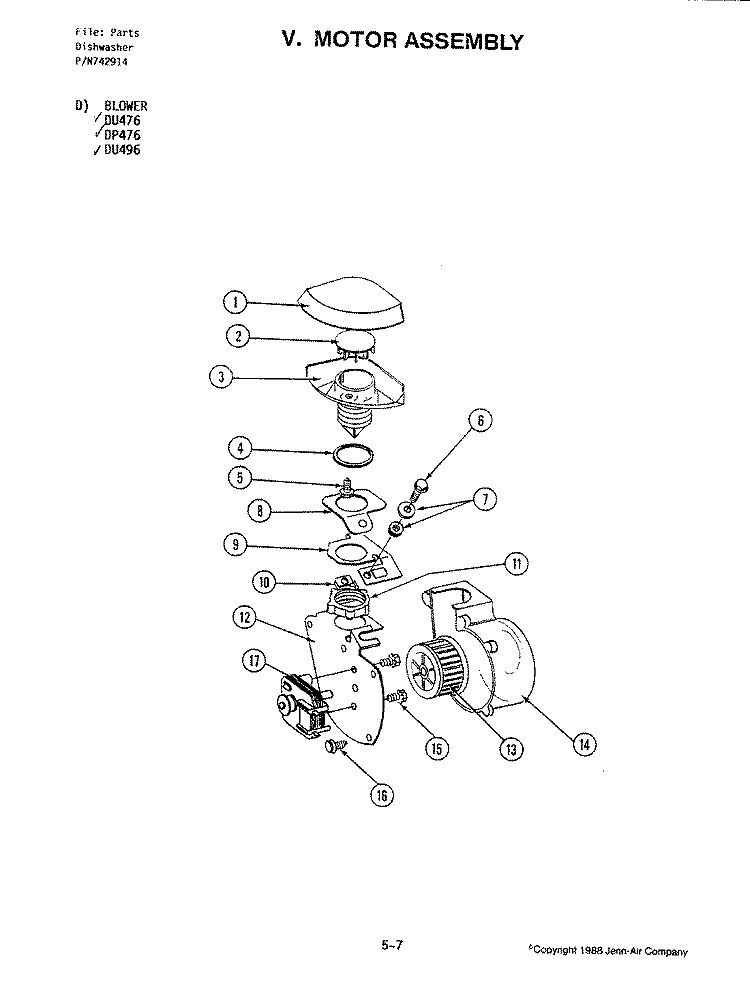MOTOR ASSEMBLY Diagram and Parts List for DU476  Jenn-Air Dishwasher