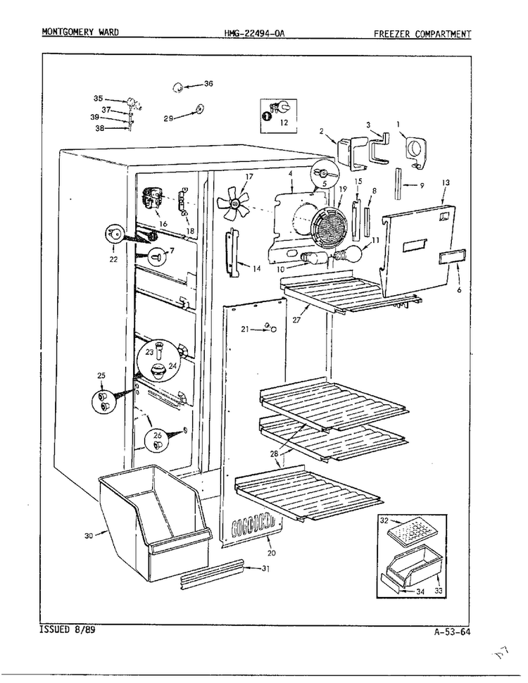 Freezer Compartment Diagram and Parts List for 22494-OA  Admiral Refrigerator