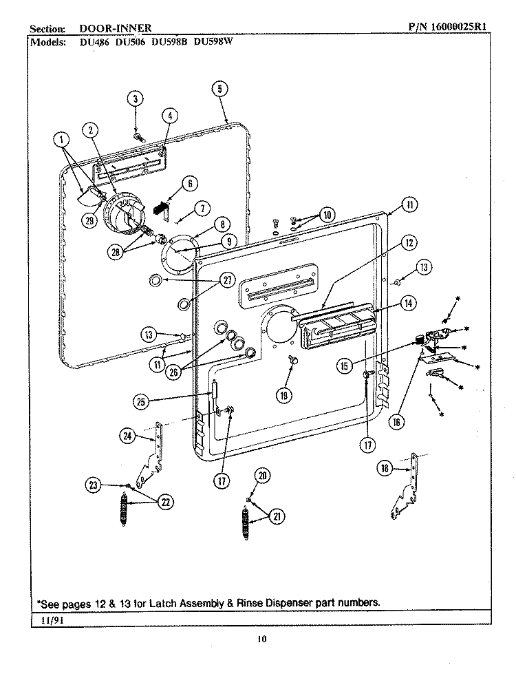DOOR (INNER) Diagram and Parts List for DU486  Jenn-Air Dishwasher
