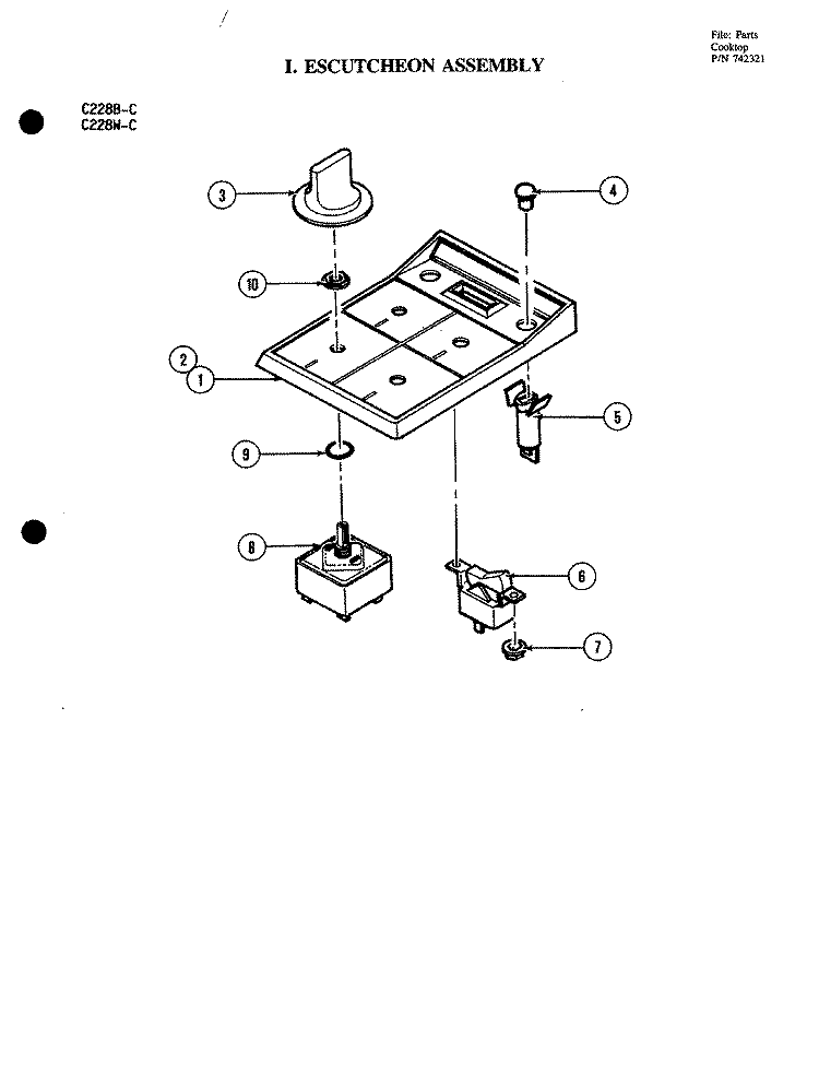ESCUTCHEON ASSEMBLY Diagram and Parts List for C228B-C  Jenn-Air Cooktop