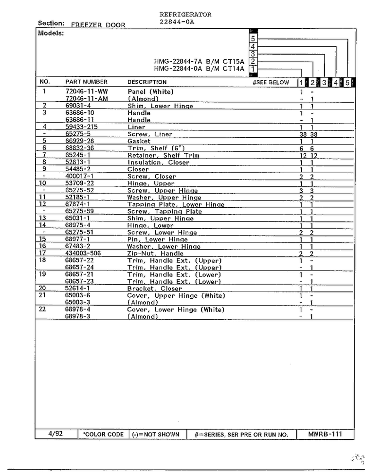 Freezer Door Page 2 Diagram and Parts List for 22844-0A  Admiral Refrigerator
