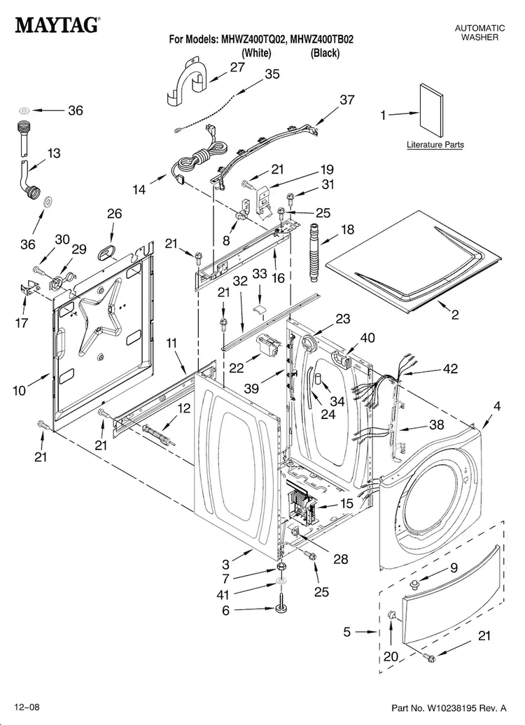 Top And Cabinet Parts Diagram and Parts List for MHWZ400TB02  Maytag Washer