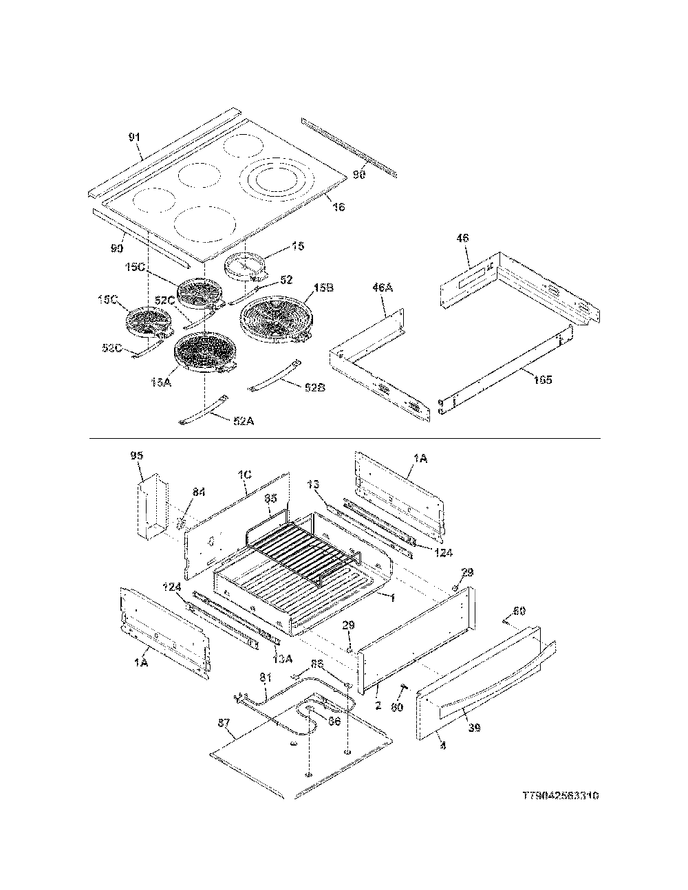 Top/Drawer Diagram and Parts List for 79042569315  Kenmore Range