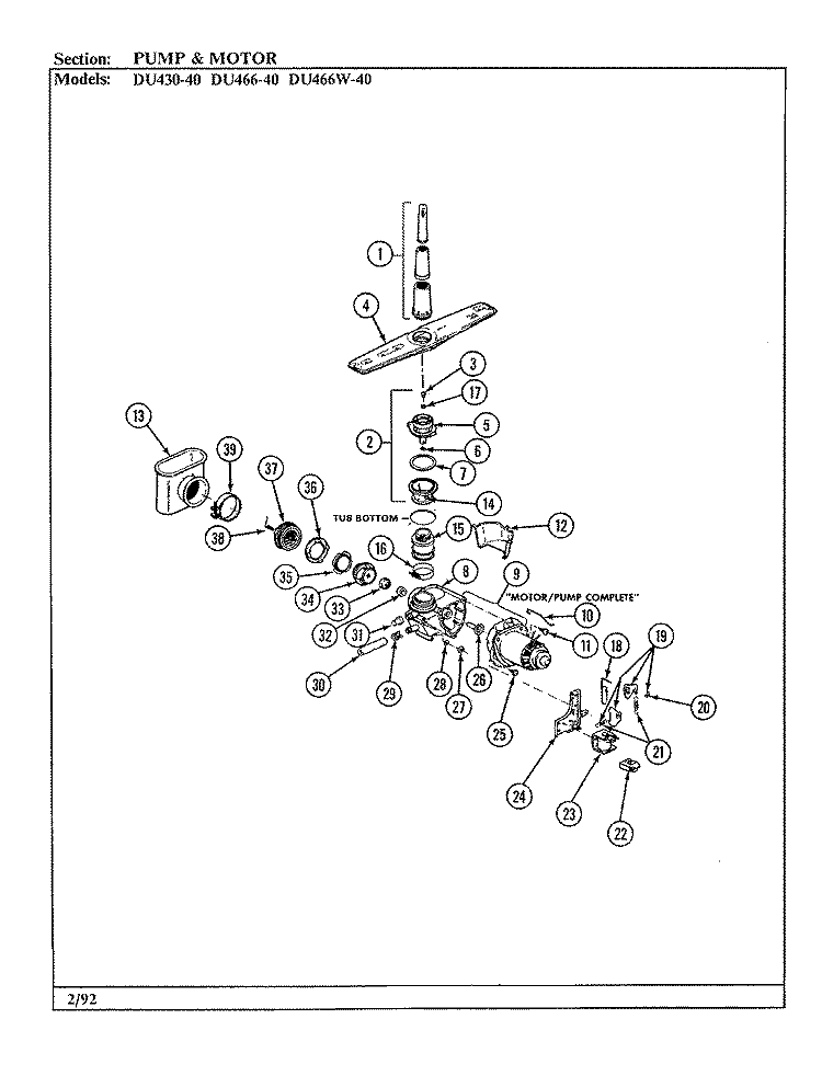 PUMP ASSEMBLY Diagram and Parts List for DU466W-40  Jenn-Air Dishwasher
