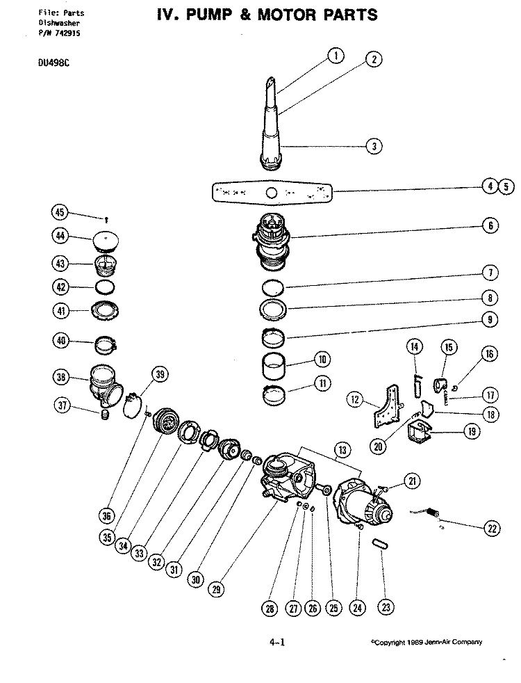 PUMP ASSEMBLY Diagram and Parts List for DU498-C  Jenn-Air Dishwasher