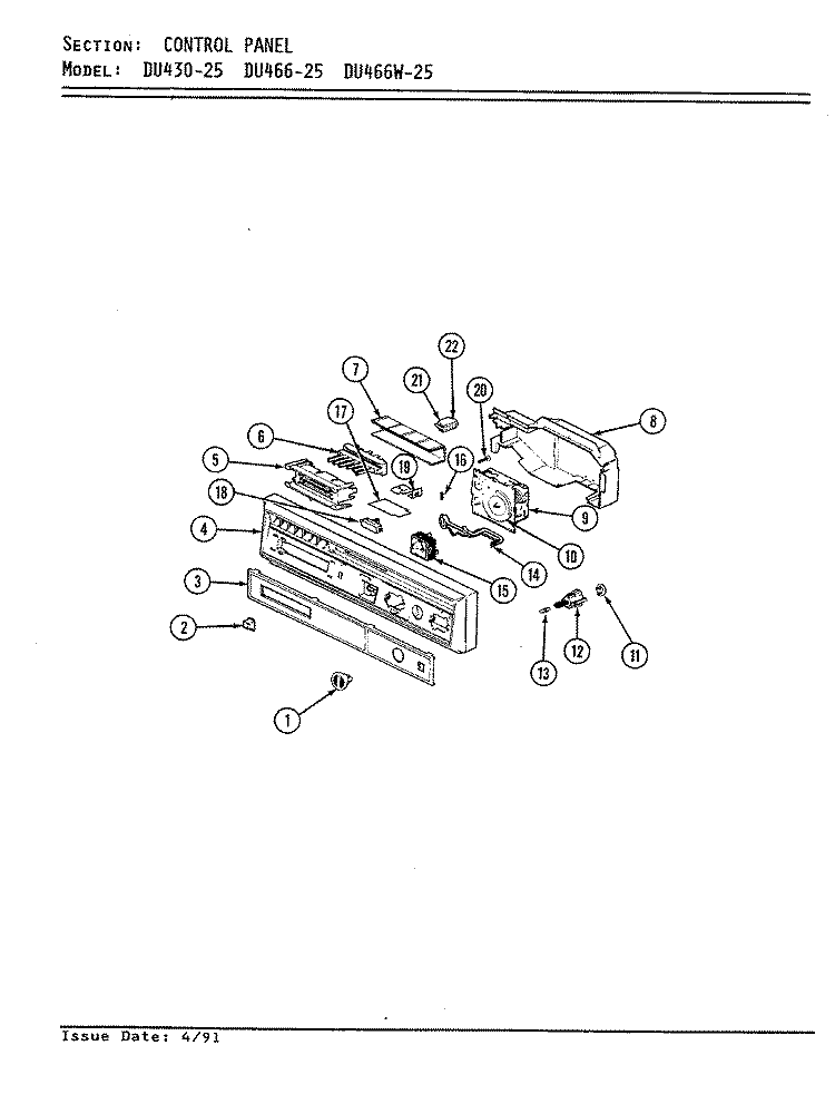CONTROL PANEL Diagram and Parts List for DU466W-25  Jenn-Air Dishwasher