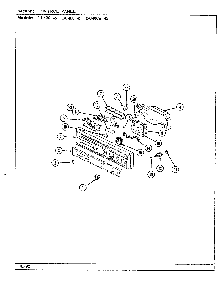 CONTROL PANEL Diagram and Parts List for DU466-45  Jenn-Air Dishwasher