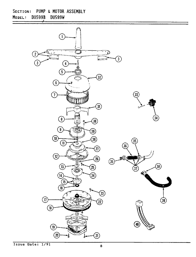 PUMP ASSEMBLY Diagram and Parts List for DU599W  Jenn-Air Dishwasher