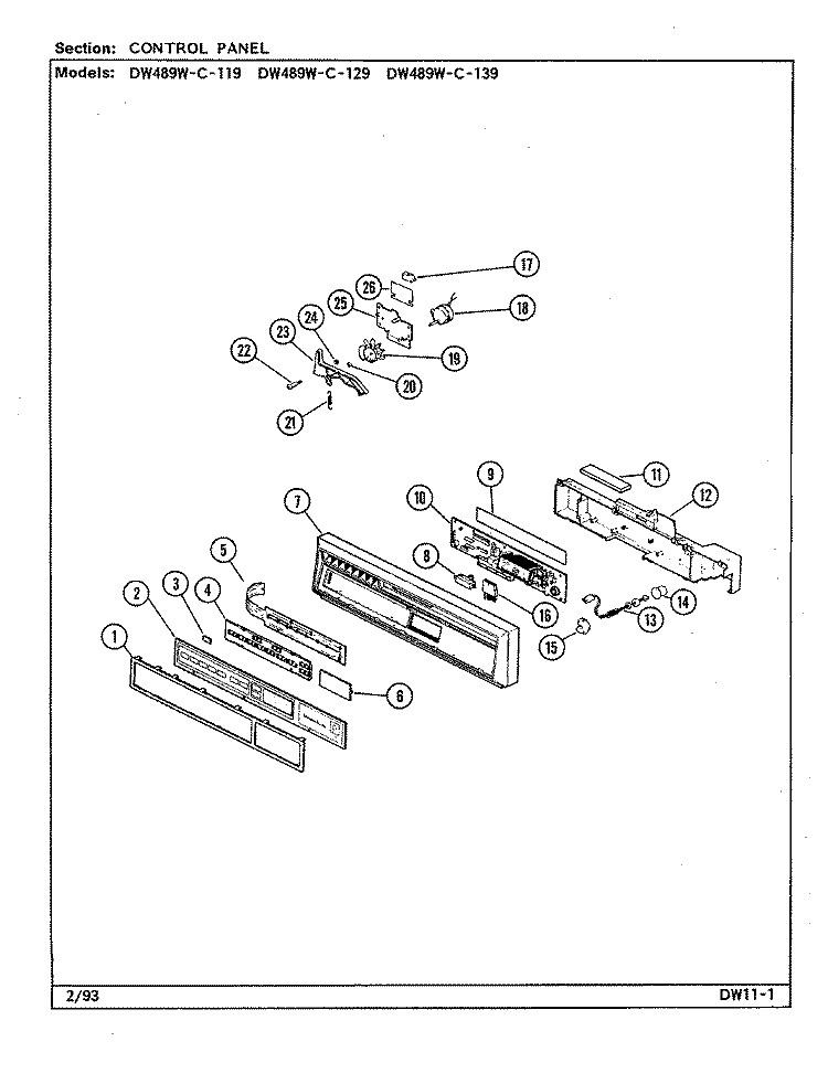CONTROL PANEL (DW489WC119, 129, 139) Diagram and Parts List for DW489WC139  Jenn-Air Dishwasher