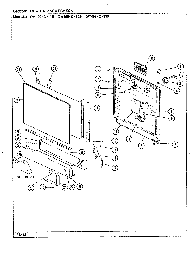 DOOR ASSEMBLY Diagram and Parts List for DW499C119  Jenn-Air Dishwasher