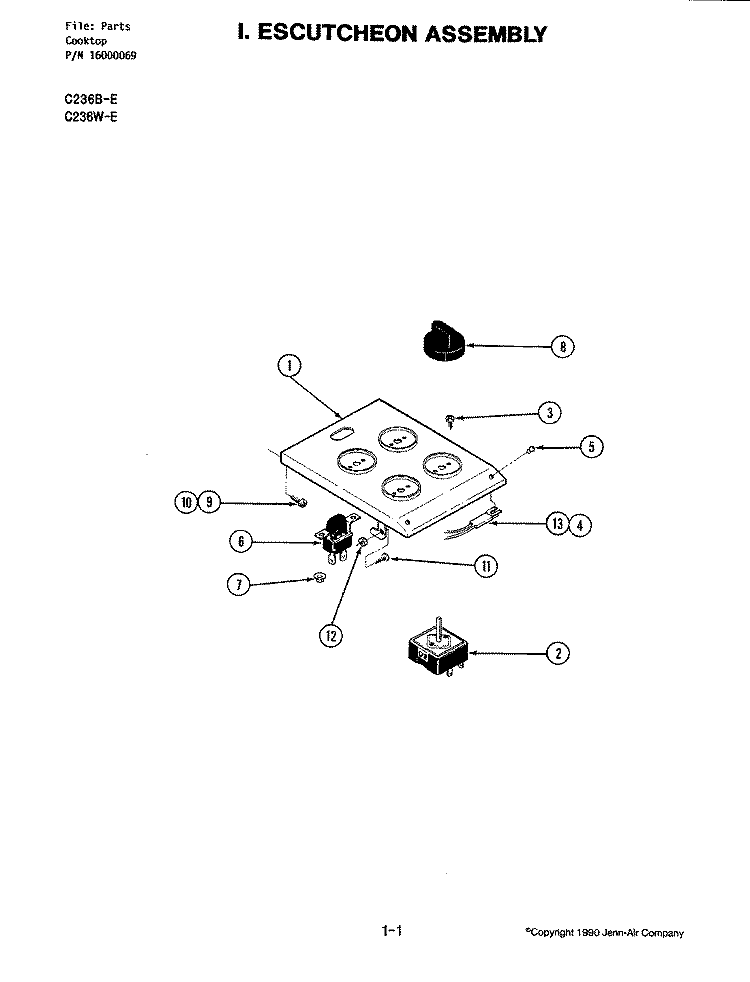 ESCUTCHEON ASSEMBLY Diagram and Parts List for C236B-E  Jenn-Air Cooktop
