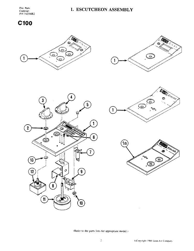 ESCUTCHEON ASSEMBLY Diagram and Parts List for C100  Jenn-Air Cooktop