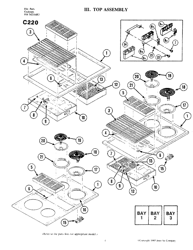 TOP ASSEMBLY Diagram and Parts List for C220  Jenn-Air Cooktop