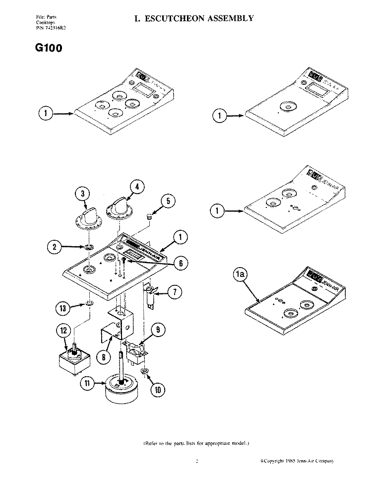 ESCUTCHEON ASSEMBLY Diagram and Parts List for G100  Jenn-Air Cooktop