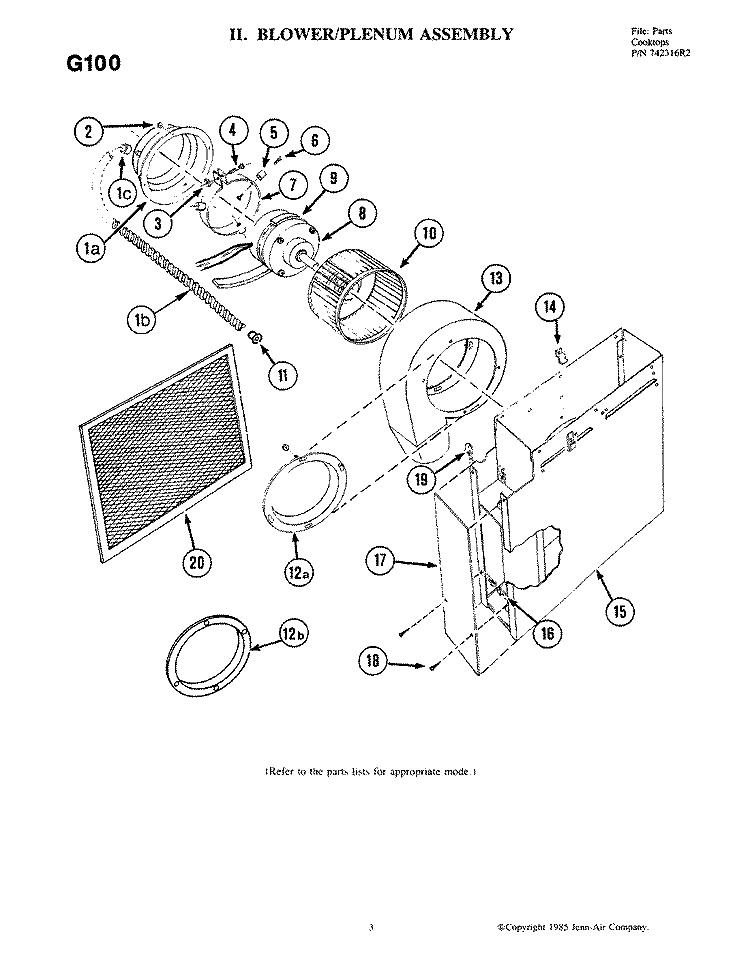 BLOWER ASSEMBLY Diagram and Parts List for G100  Jenn-Air Cooktop