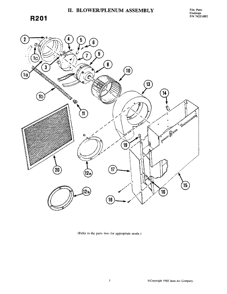 BLOWER ASSEMBLY Diagram and Parts List for R201  Jenn-Air Cooktop