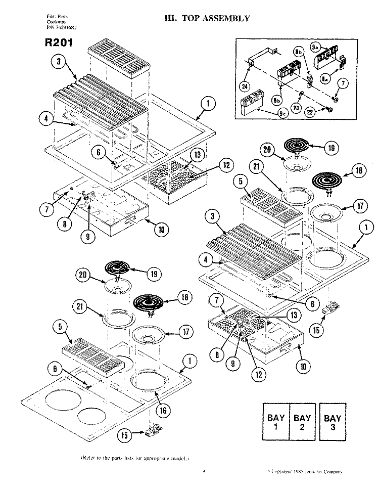 TOP ASSEMBLY Diagram and Parts List for R201  Jenn-Air Cooktop