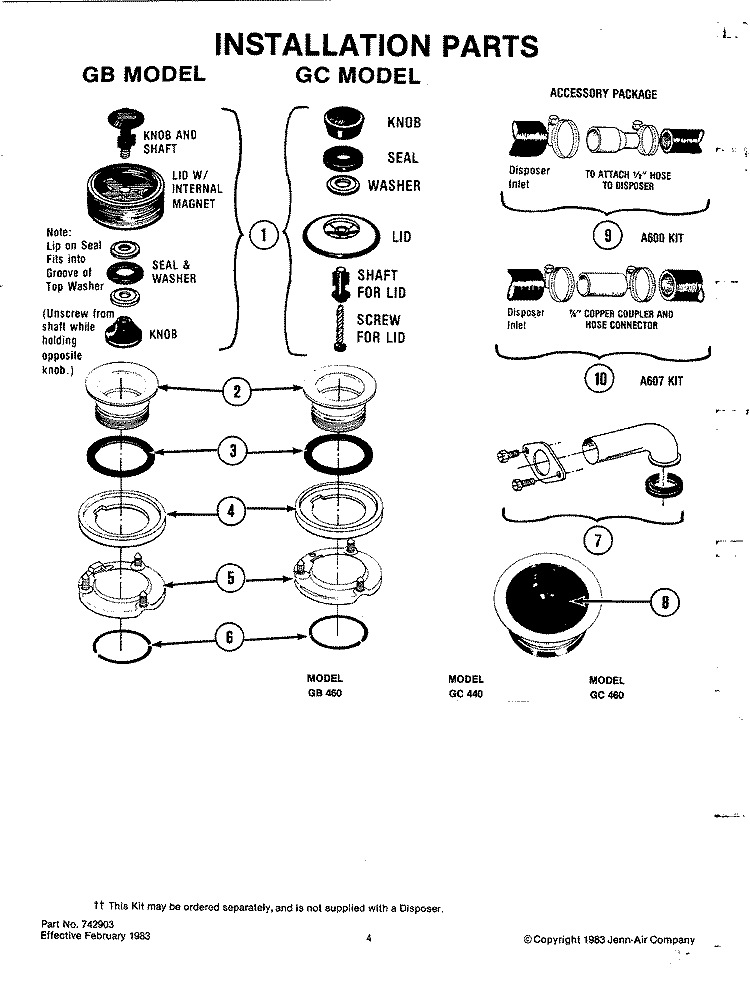 INSTALLATION PARTS Diagram and Parts List for GB460  Jenn-Air Food Waste Disposer