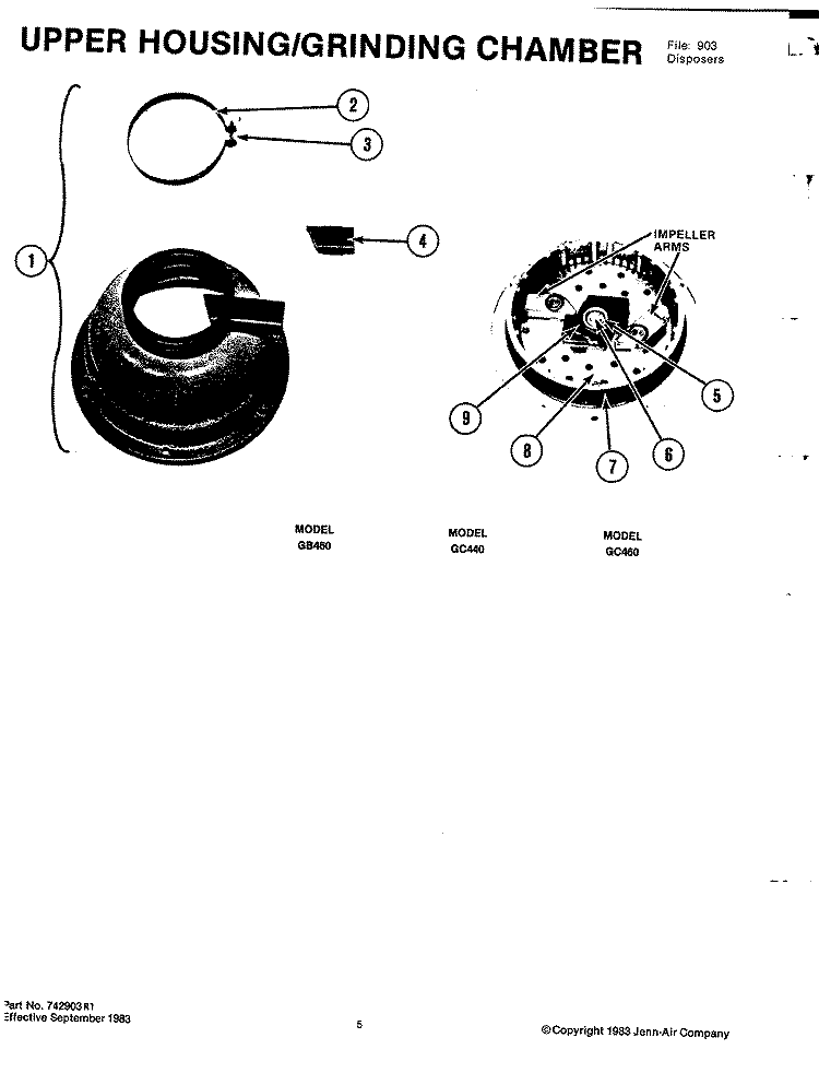UPPER HOUSING / GRINDING CHAMBER Diagram and Parts List for GC440  Jenn-Air Food Waste Disposer