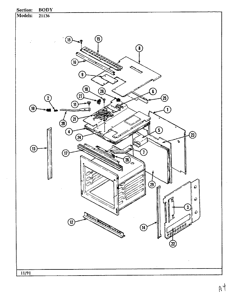 BODY Diagram and Parts List for 21136  Jenn-Air Wall Oven