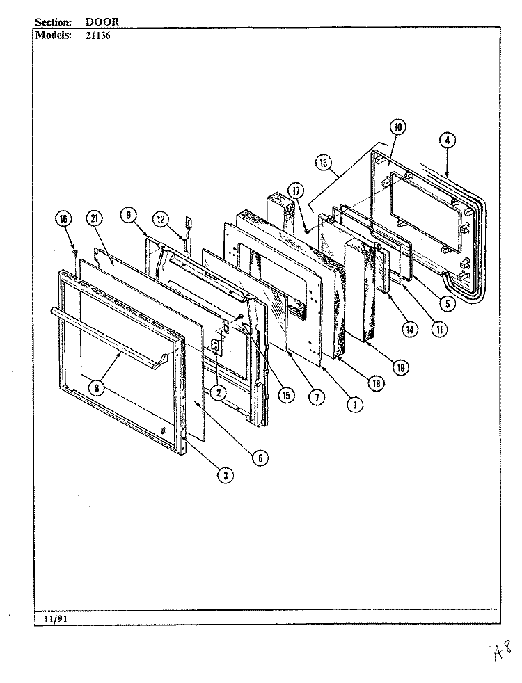 DOOR Diagram and Parts List for 21136  Jenn-Air Wall Oven