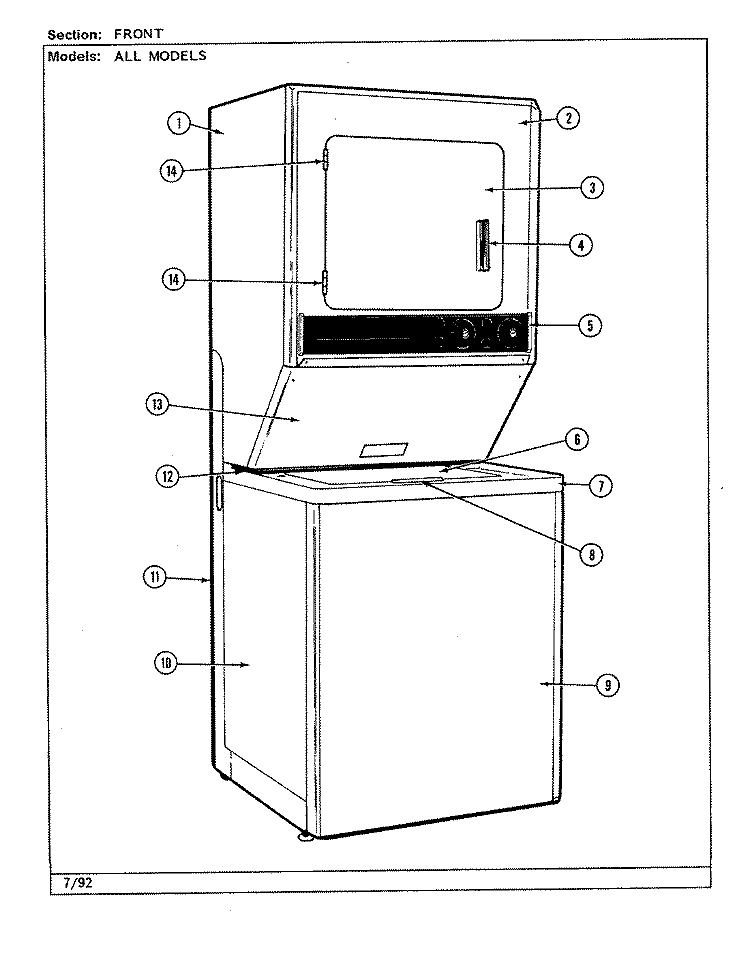FRONT Diagram and Parts List for LSE2700W  Jenn-Air Washer Dryer Combo