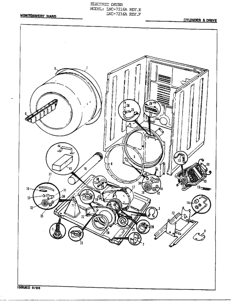 Cylinder & Drive Diagram and Parts List for 7216A REV E Norge Dryer