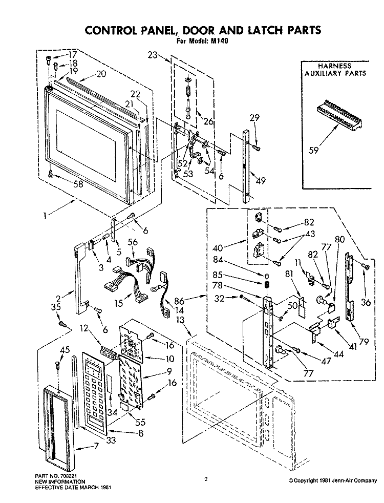 CONTROL PANEL, DOOR & LATCH Diagram and Parts List for M140  Jenn-Air Microwave