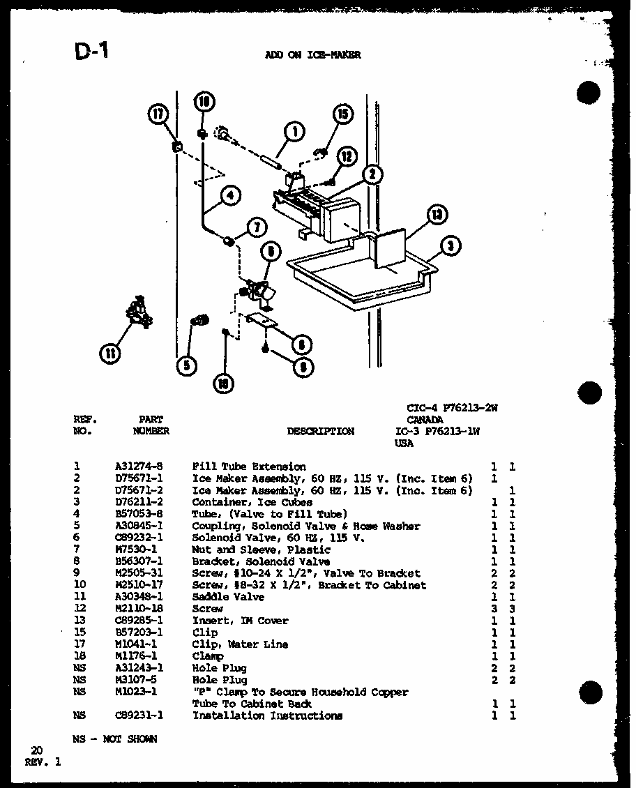 Add On Ice-maker (ic-3/p76213-1w) (cic-4/p76213-2w) Diagram and Parts List for TC20G-P756512-11W  Amana Refrigerator