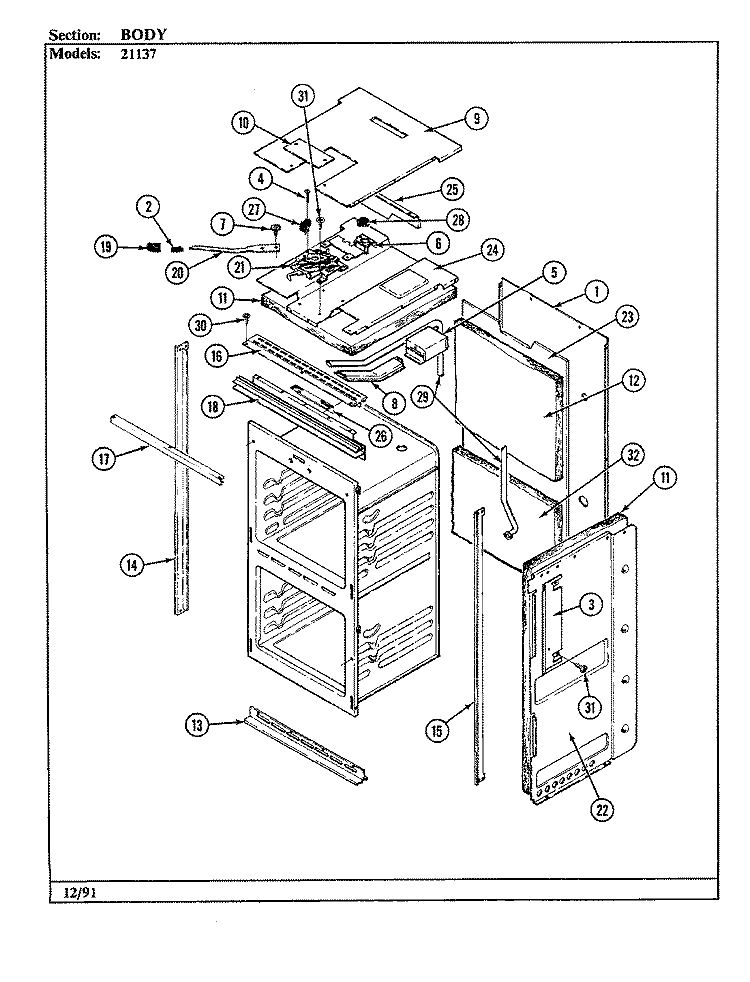 BODY Diagram and Parts List for 21137  Jenn-Air Wall Oven