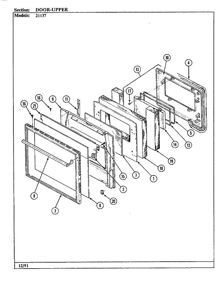 DOOR (UPPER) Diagram and Parts List for 21137  Jenn-Air Wall Oven