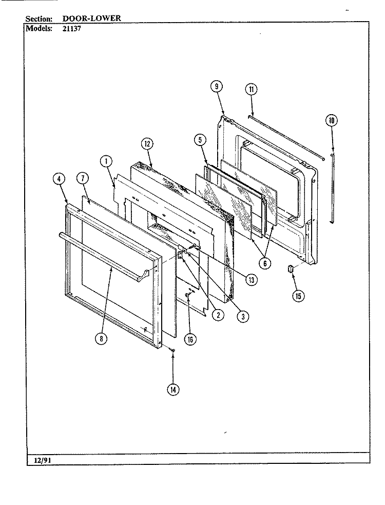 DOOR (LOWER) Diagram and Parts List for 21137  Jenn-Air Wall Oven