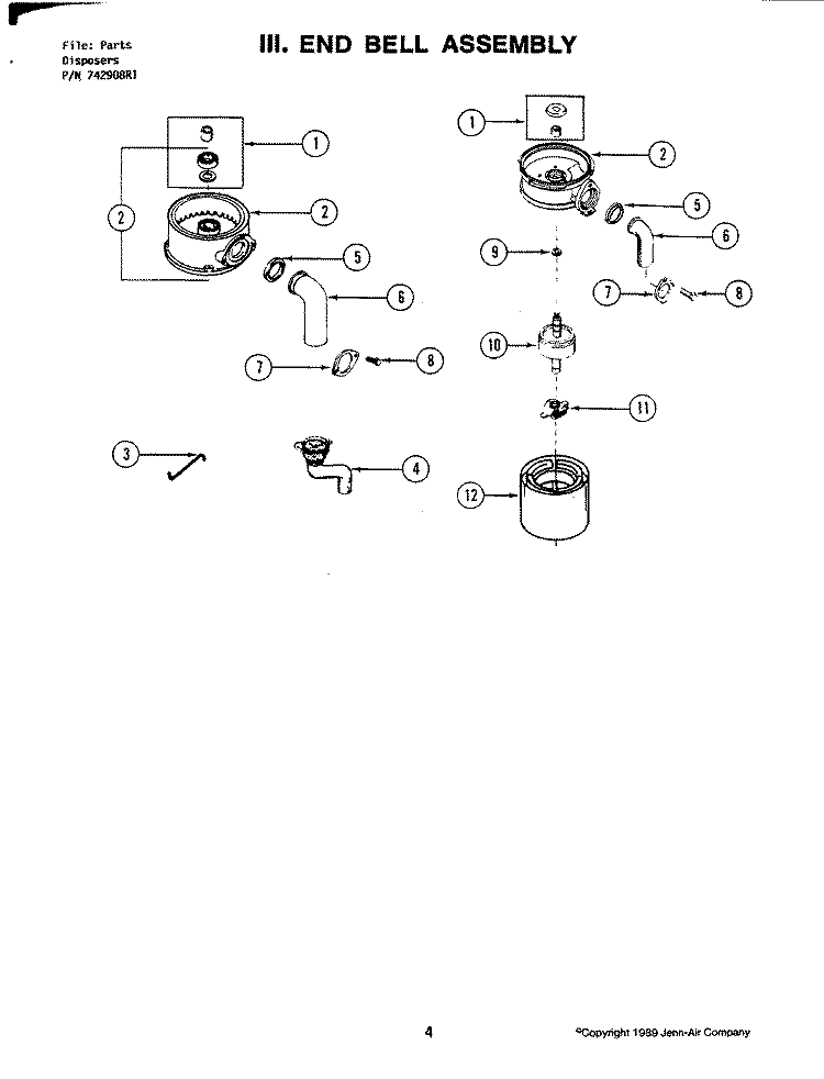 END BELL ASSEMBLY Diagram and Parts List for GC431  Jenn-Air Food Waste Disposer