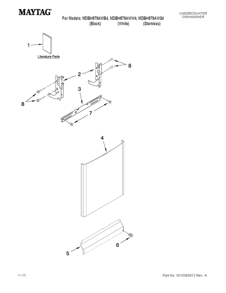 Door And Panel Parts Diagram and Parts List for MDBH979AWS4  Maytag Dishwasher